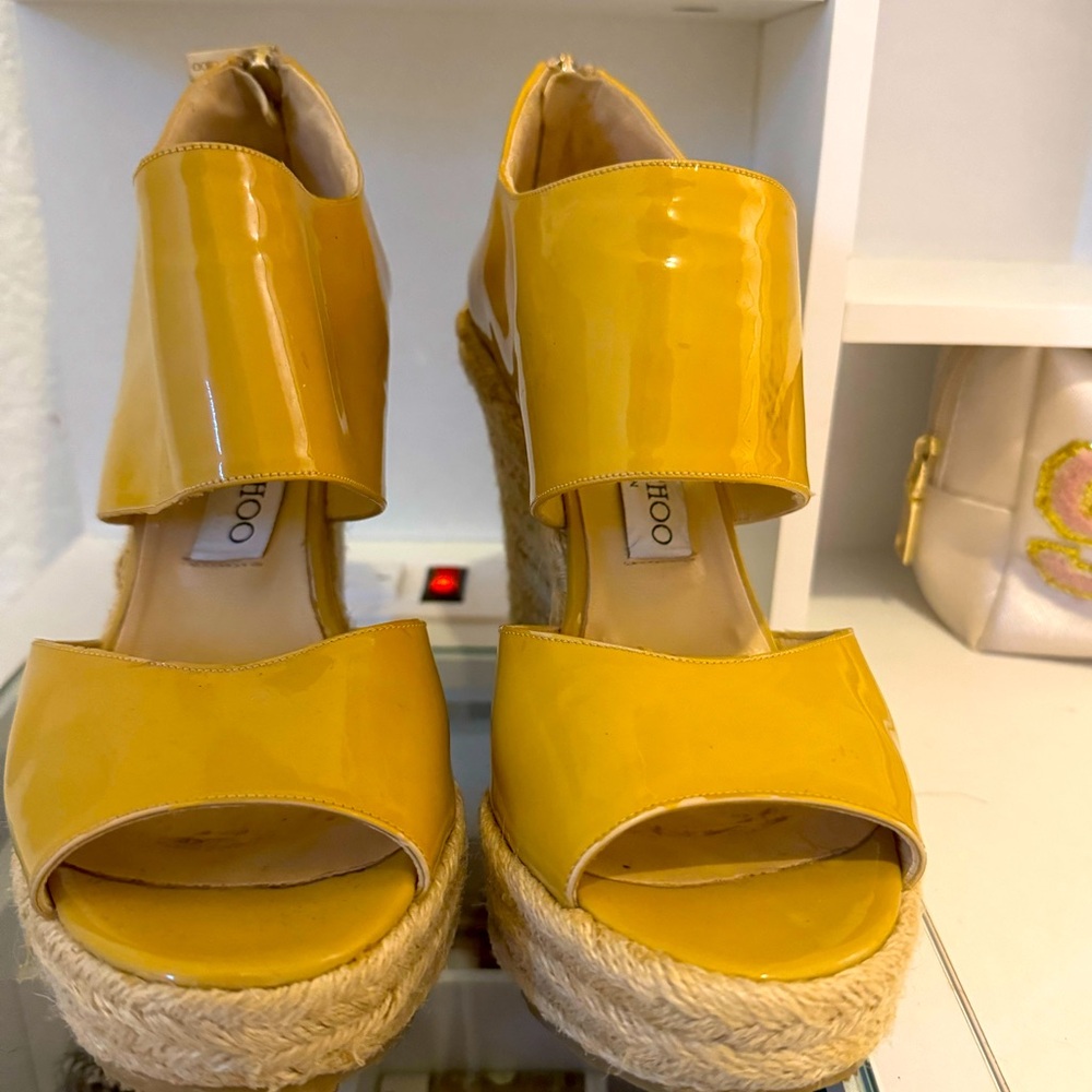 Jimmy Choo Beige Patent Patriot Espadrille Sandals